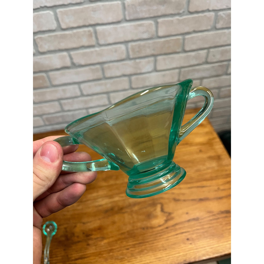 Vintage Uranium Glass Mayonnaise Sauce Serving Bowl & Ladle Teal Blue Handled