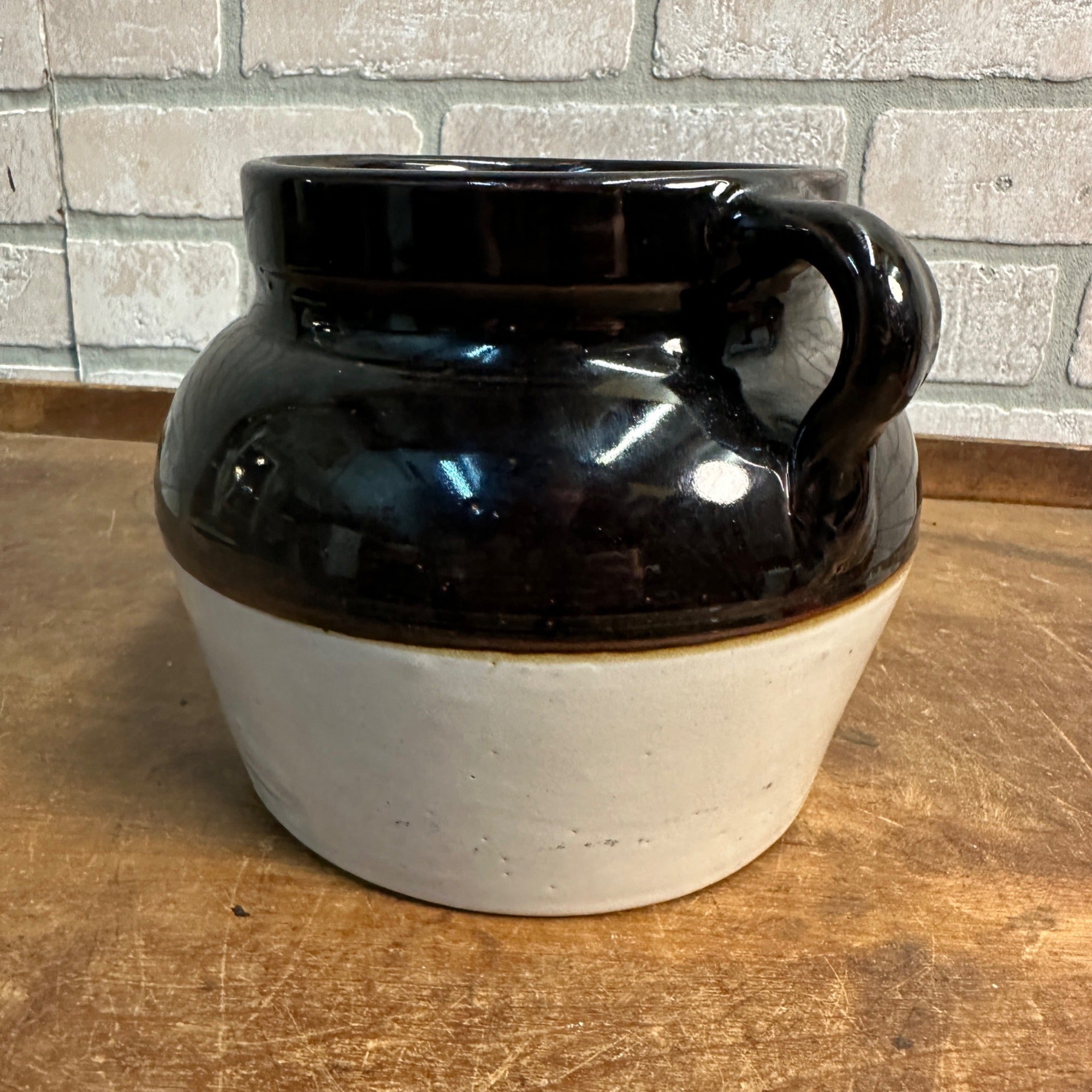 Antique Two-Tone Black Dark Brown Bean Pot Stoneware Pottery No Lid