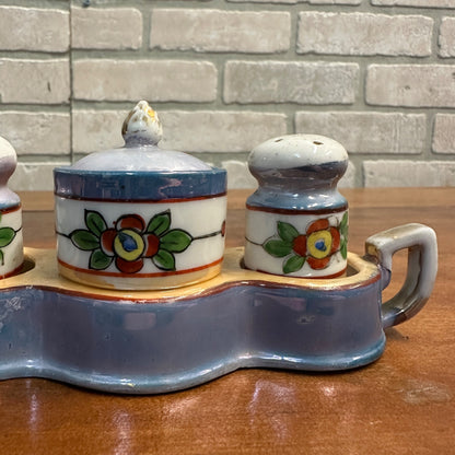 Vintage 1930s Takito Japan Lusterware Salt & Pepper & Mustard Set Floral