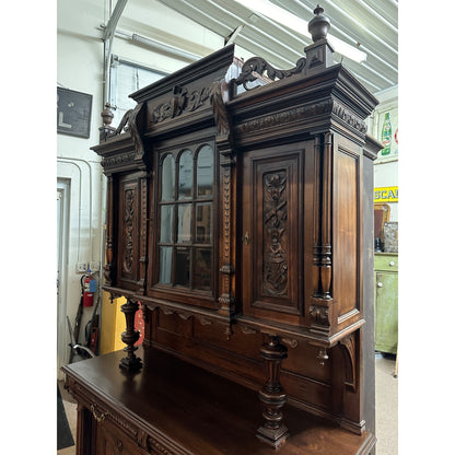 Antique 1900s French Carved Walnut Rococo Style Hutch Sideboard Server Cabinet