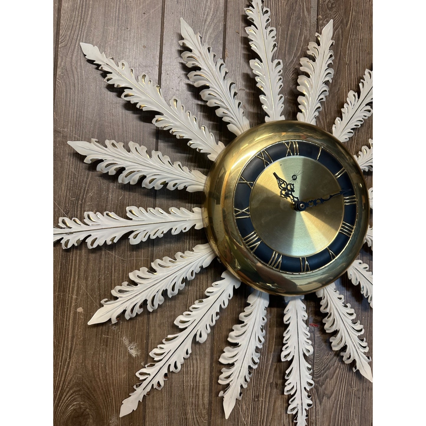 Vintage Mid Century Modern MCM Atomic J&M Retro Wall Clock Starbust Feathers