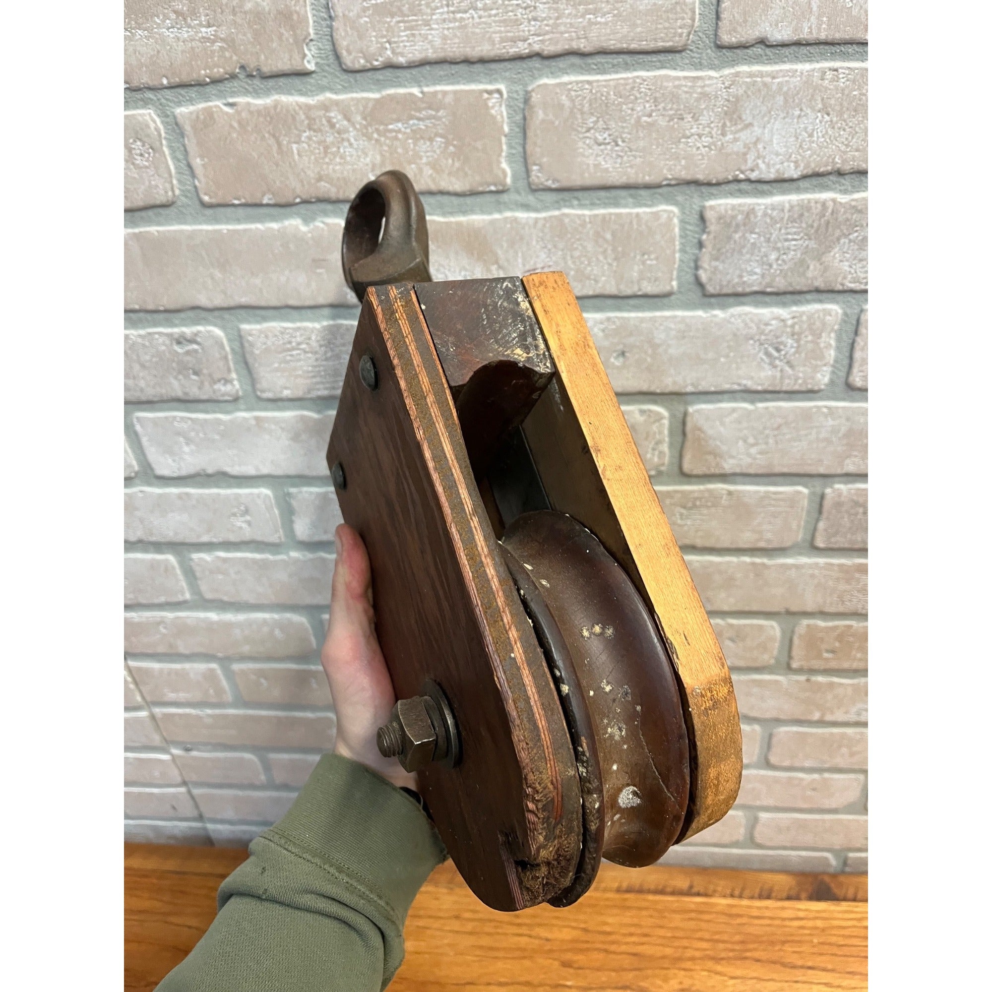 Antique Vintage Large Wooden 13.5" Hay Trolley Farm Rope Pulley