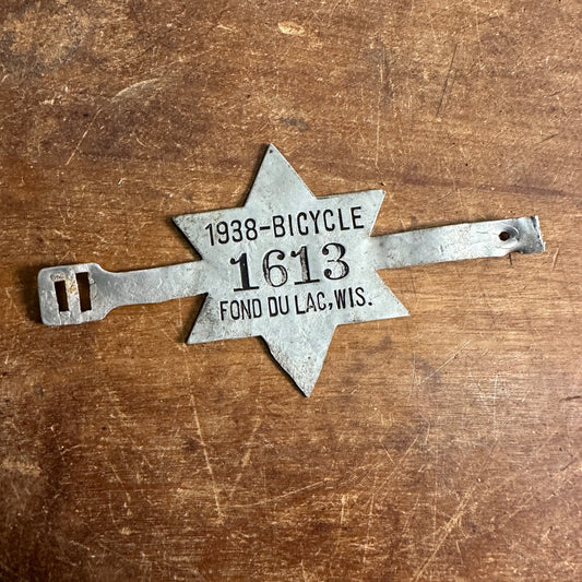 RARE Vintage 1938 Fond du Lac Wis Strap Bicycle Bike License Plate Aluminum