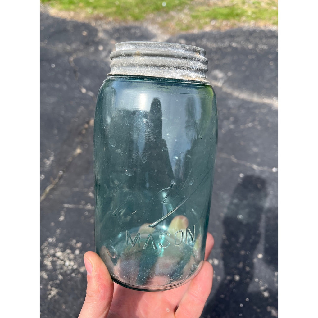 Vintage Ball Script Mason Jar Bubbly Quart Crude Glass Aqua Blue