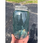 Vintage Ball Script Mason Jar Bubbly Quart Crude Glass Aqua Blue