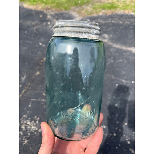 Vintage Ball Script Mason Jar Bubbly Quart Crude Glass Aqua Blue