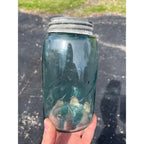 Vintage Ball Script Mason Jar Bubbly Quart Crude Glass Aqua Blue
