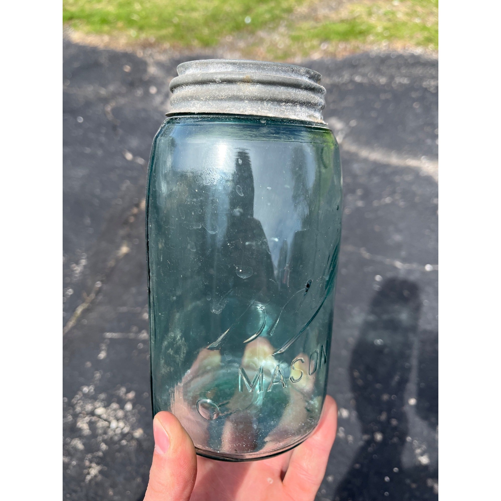 Vintage Ball Script Mason Jar Bubbly Quart Crude Glass Aqua Blue