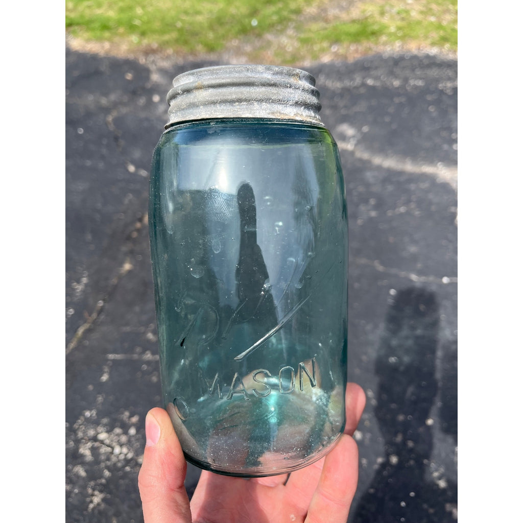 Vintage Ball Script Mason Jar Bubbly Quart Crude Glass Aqua Blue