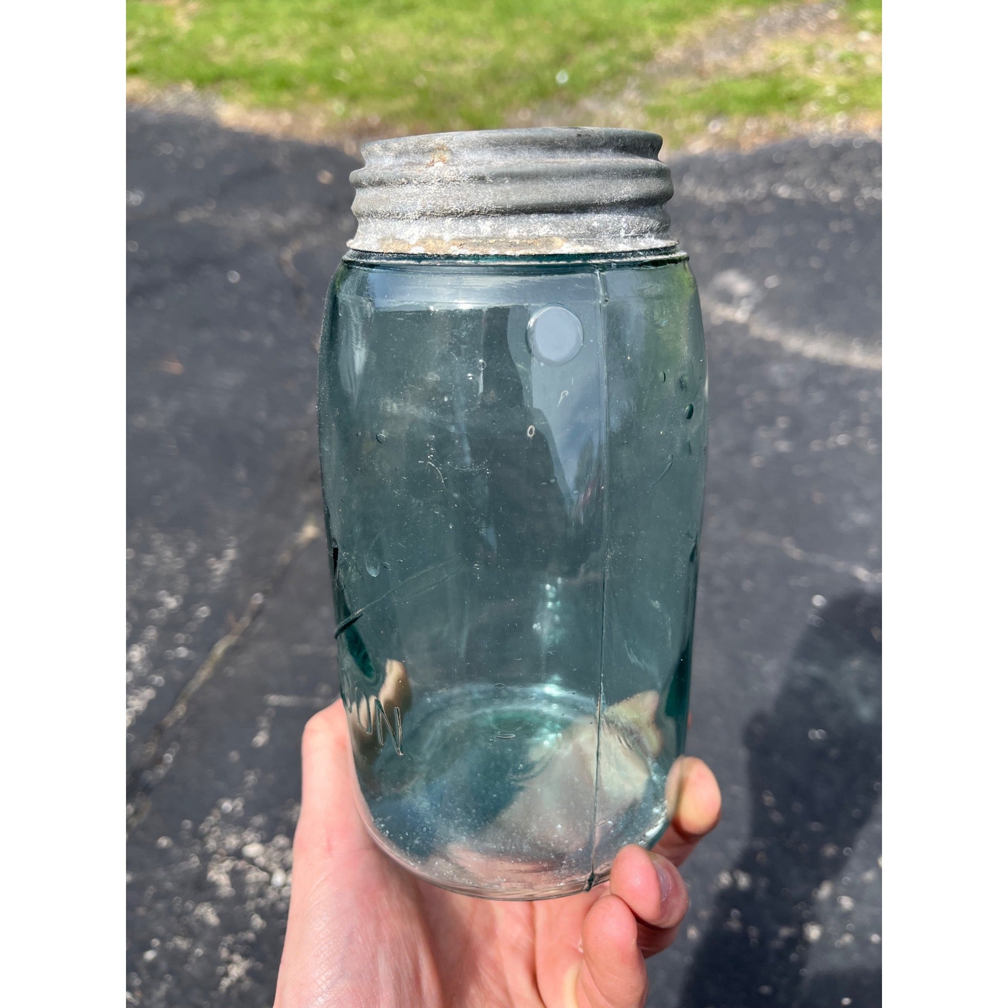 Vintage Ball Script Mason Jar Bubbly Quart Crude Glass Aqua Blue