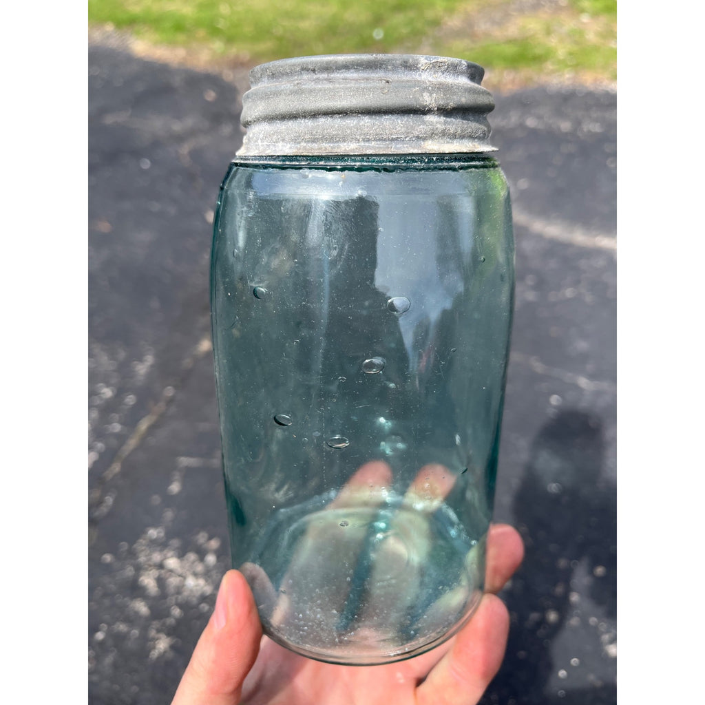 Vintage Ball Script Mason Jar Bubbly Quart Crude Glass Aqua Blue