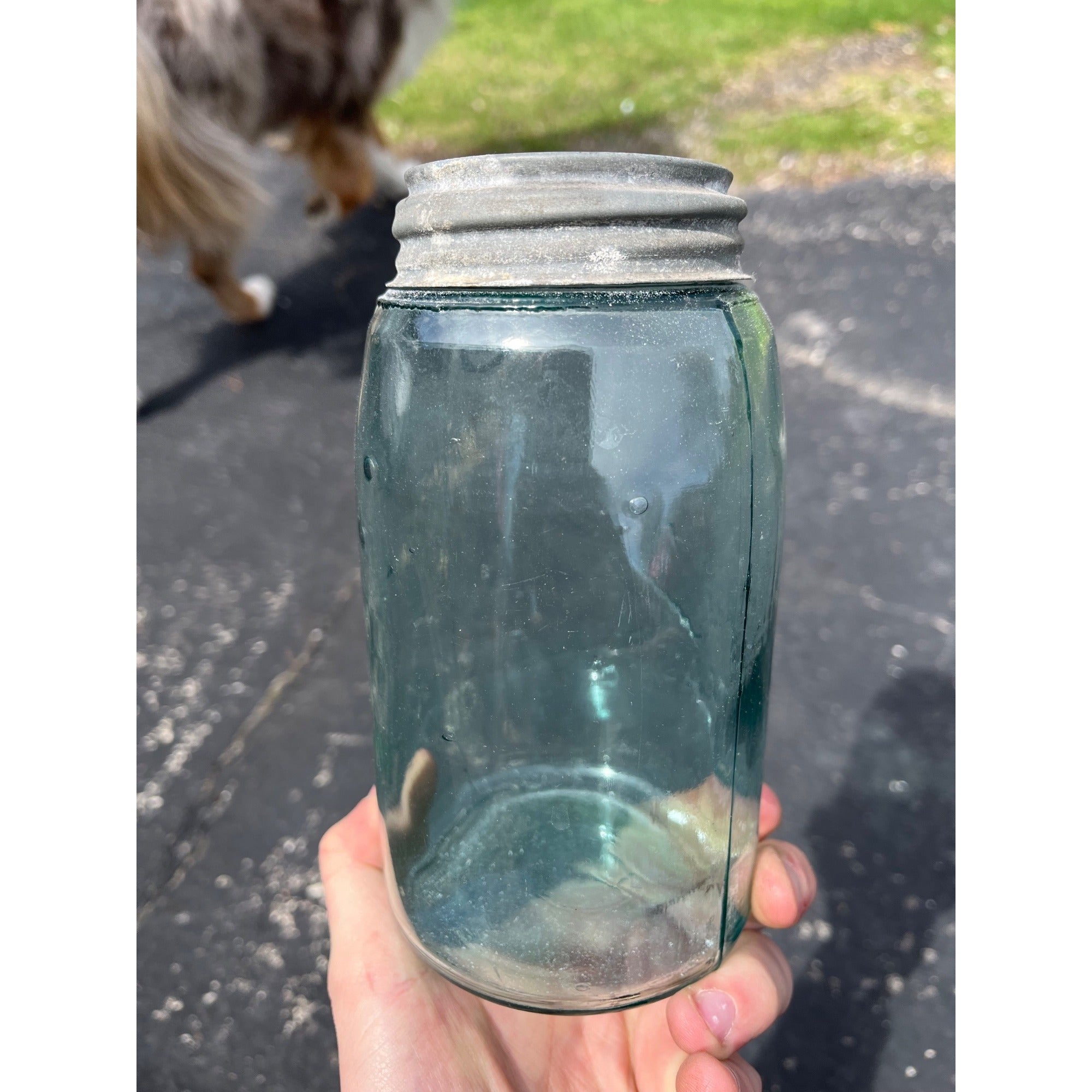 Vintage Ball Script Mason Jar Bubbly Quart Crude Glass Aqua Blue