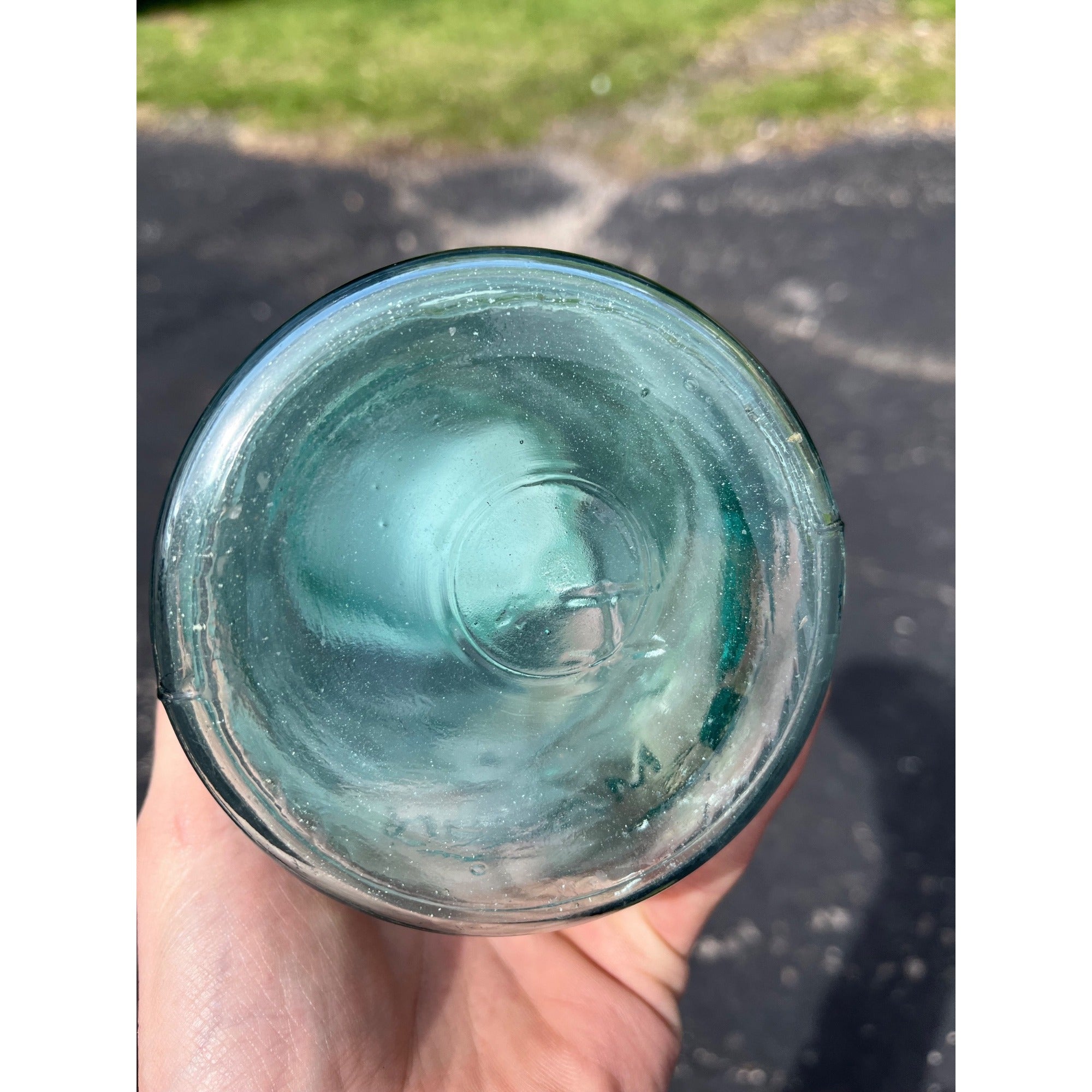 Vintage Ball Script Mason Jar Bubbly Quart Crude Glass Aqua Blue