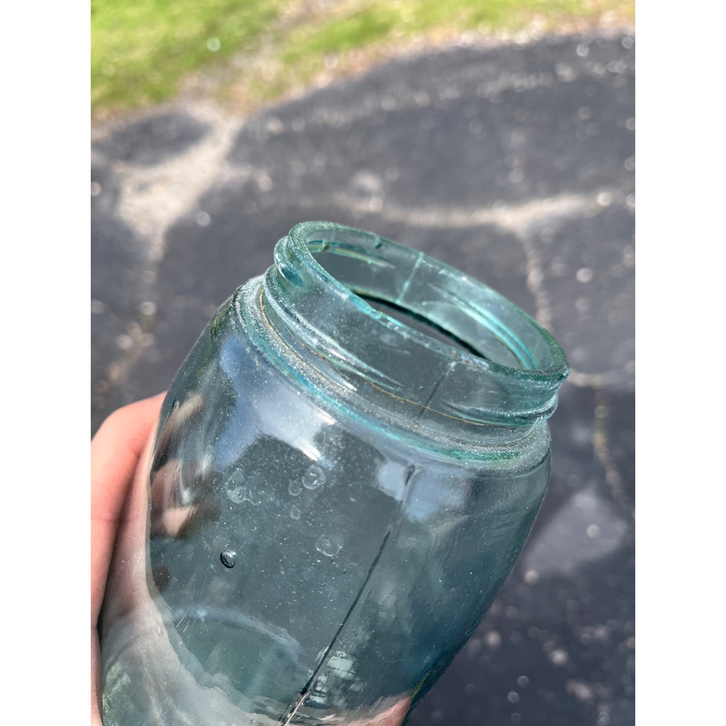 Vintage Ball Script Mason Jar Bubbly Quart Crude Glass Aqua Blue