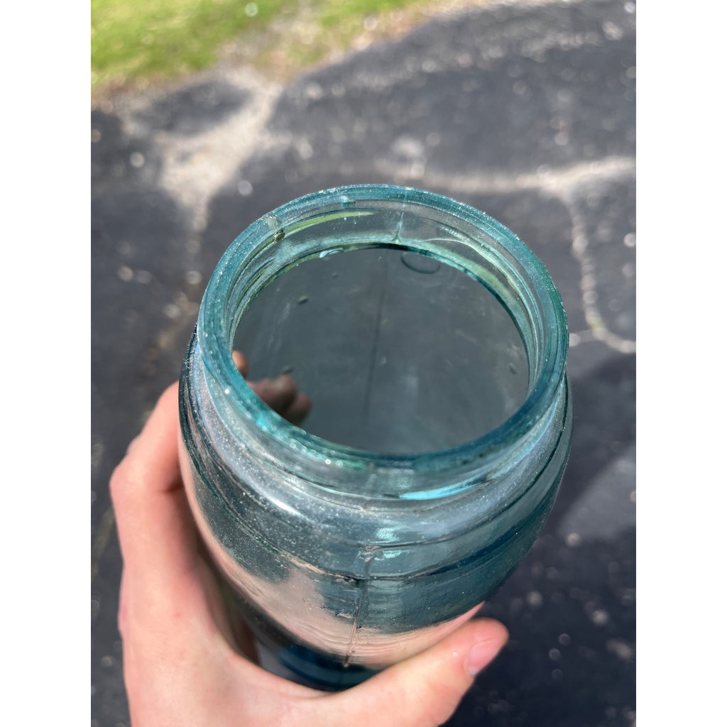 Vintage Ball Script Mason Jar Bubbly Quart Crude Glass Aqua Blue