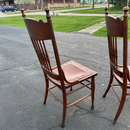 (2) Antique Oak Ornate Carved Chairs with Carved Leather Seats