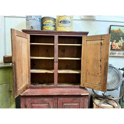 Antique Primitive Red Wooden Stepback Hutch Pantry Cupboard 19th Century