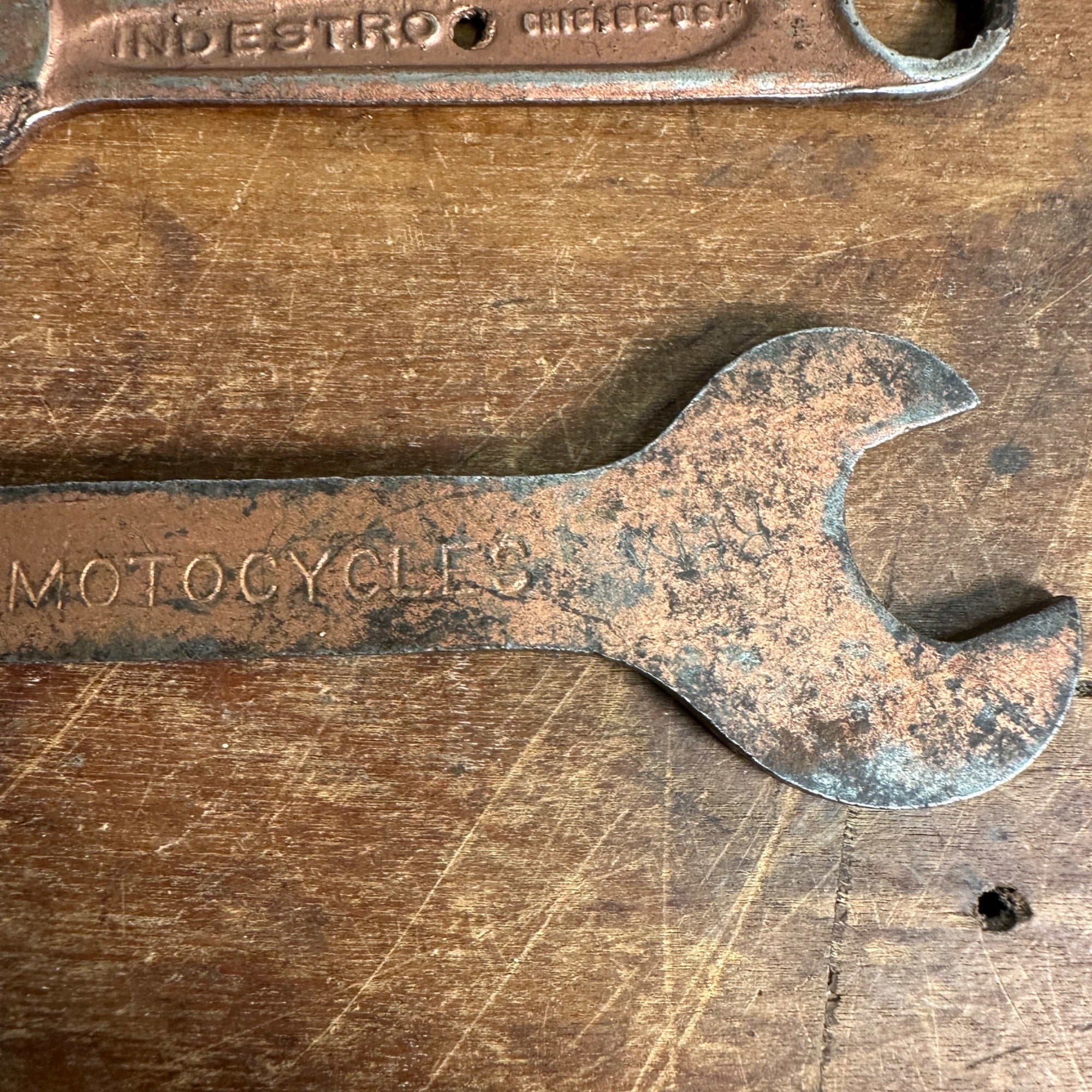 VINTAGE INDIAN MOTOCYCLES OPEN END MOTORCYCLE WRENCH W/ (2) INDESTRO