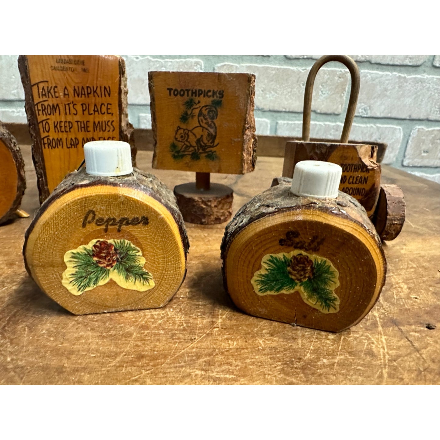 Vintage 1950s Kitschy Wooden Cabin Salt Pepper Shakers Toothpick / Napkin Holder ++