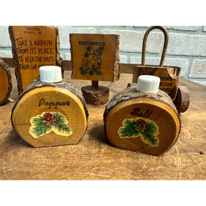 Vintage 1950s Kitschy Wooden Cabin Salt Pepper Shakers Toothpick / Napkin Holder ++