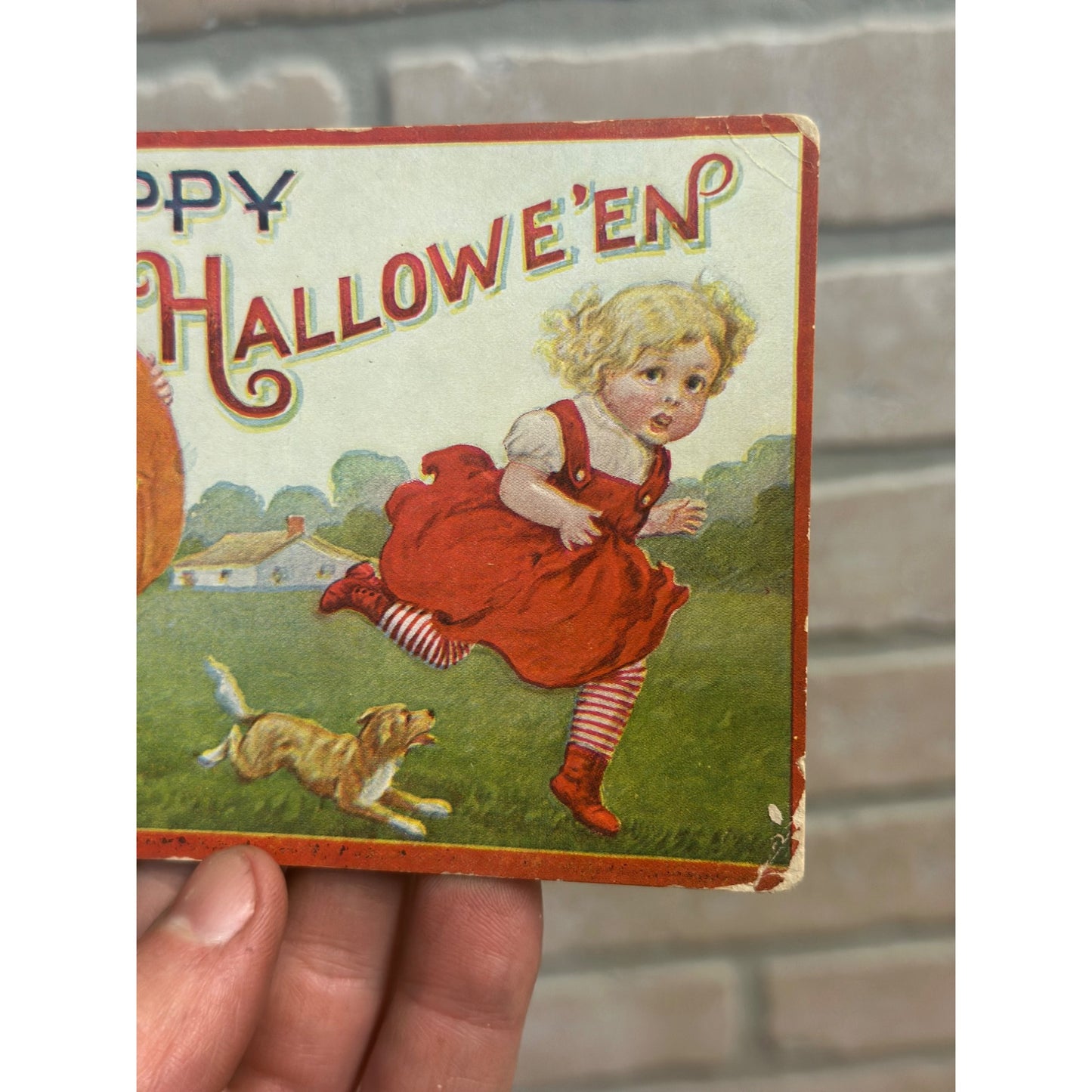 Happy Halloween 1908 Boy Hat Pumpkin Chasing Girl Red Dress Shoes Dog Postcard