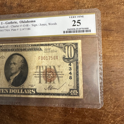 Fr. 1801-1 1929 $10 The First National Bank of Guthrie Oklahoma PCGS 25 VERY FINE