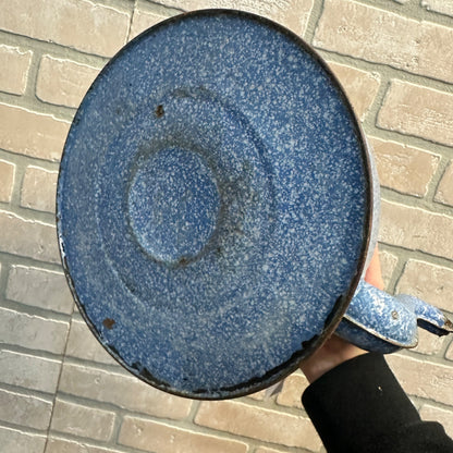 Antique Primitive Blue White Graniteware Enamelware Tea Kettle Pot Vintage Farmhouse