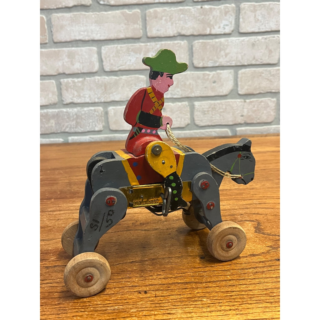 Vintage 1950s Wooden Toy Windup Jockey on Horse Clockwork Made in Japan