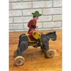 Vintage 1950s Wooden Toy Windup Jockey on Horse Clockwork Made in Japan