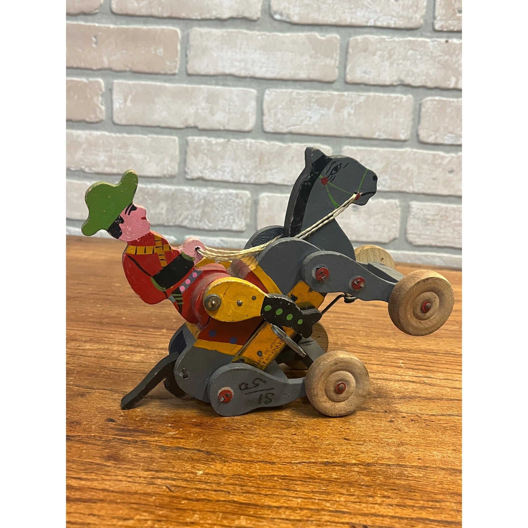 Vintage 1950s Wooden Toy Windup Jockey on Horse Clockwork Made in Japan