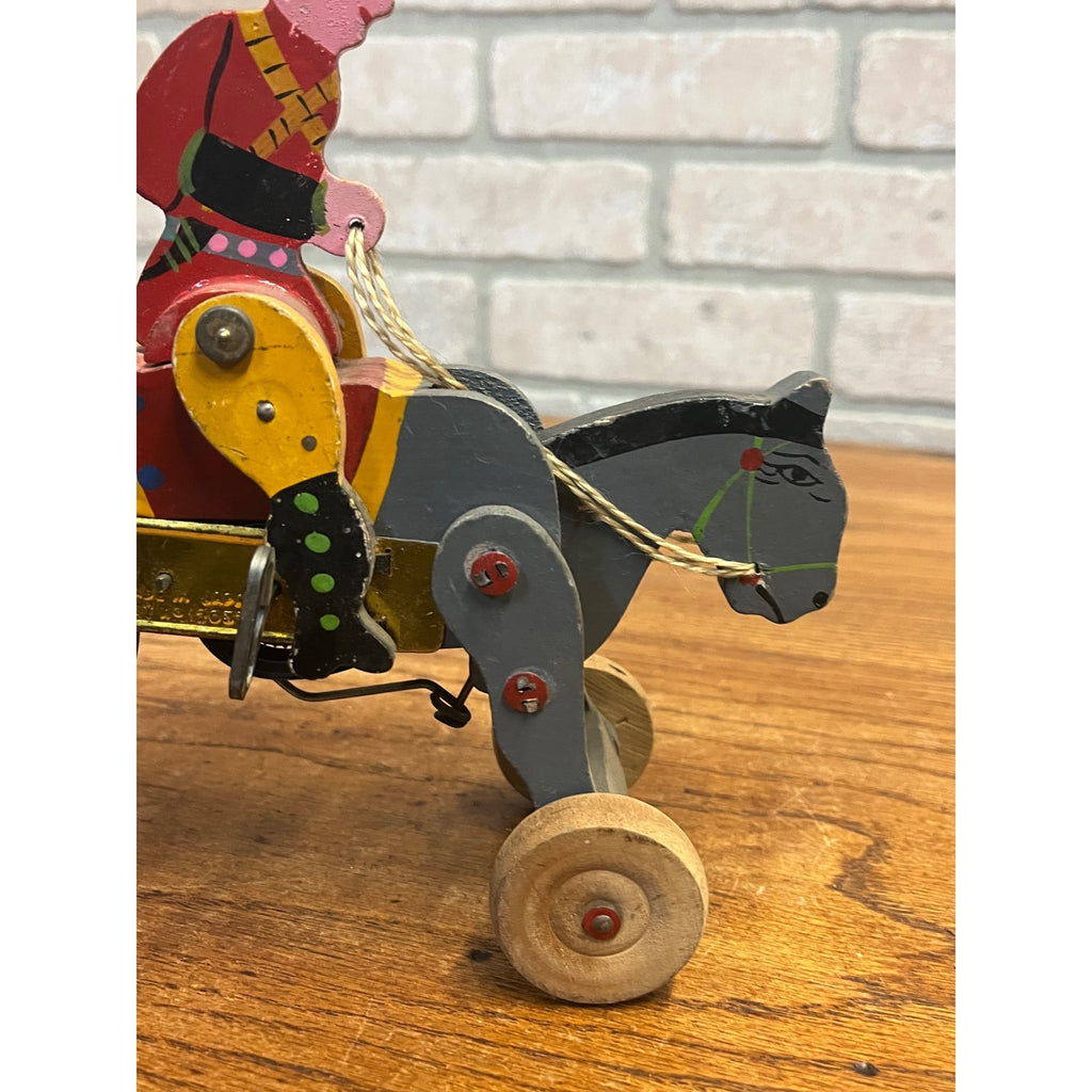 Vintage 1950s Wooden Toy Windup Jockey on Horse Clockwork Made in Japan