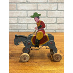 Vintage 1950s Wooden Toy Windup Jockey on Horse Clockwork Made in Japan