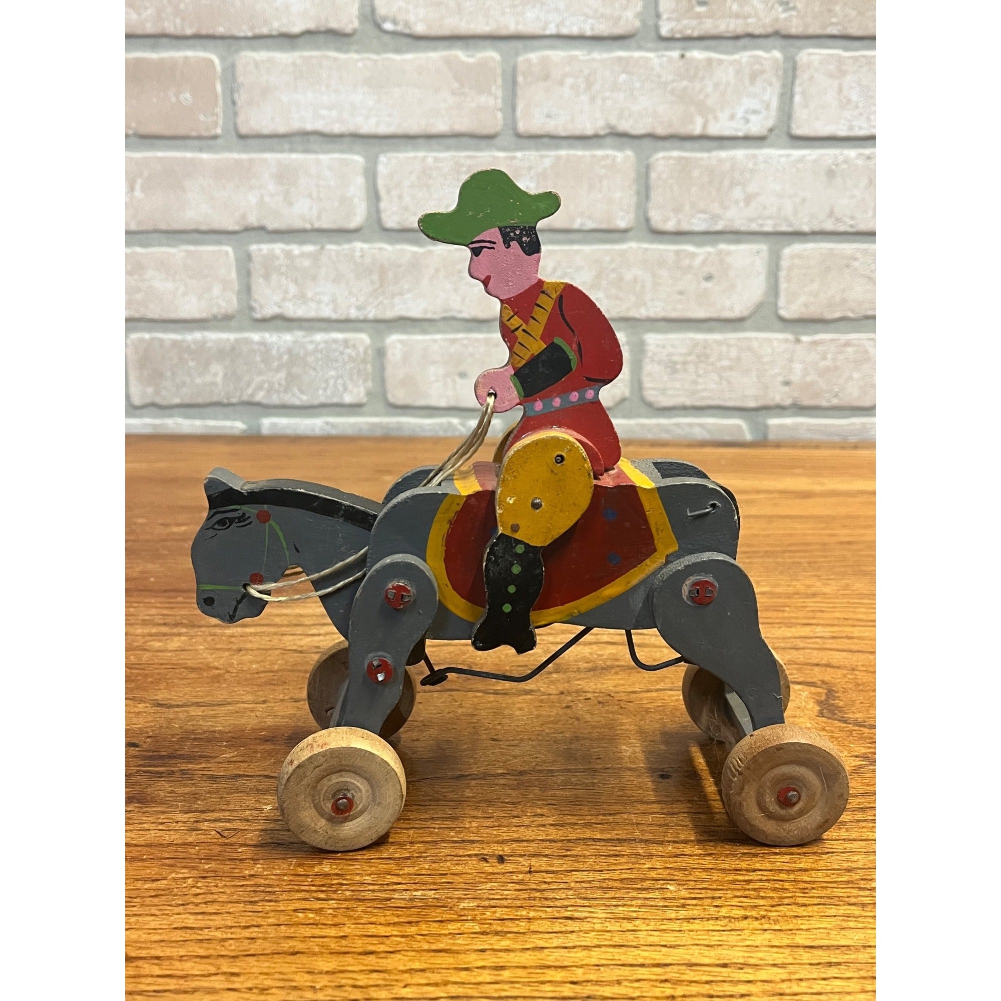 Vintage 1950s Wooden Toy Windup Jockey on Horse Clockwork Made in Japan
