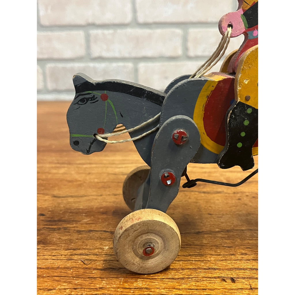Vintage 1950s Wooden Toy Windup Jockey on Horse Clockwork Made in Japan