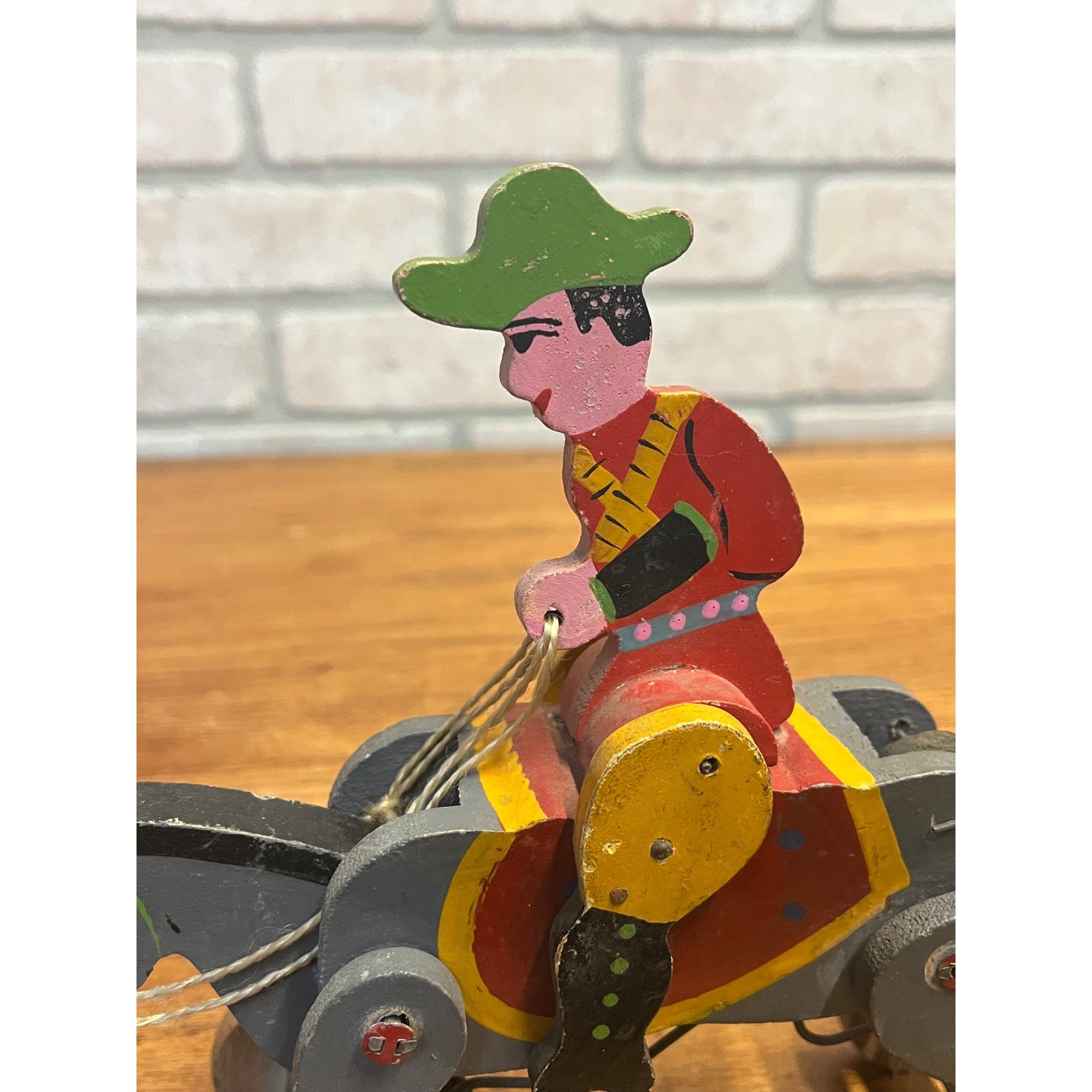 Vintage 1950s Wooden Toy Windup Jockey on Horse Clockwork Made in Japan