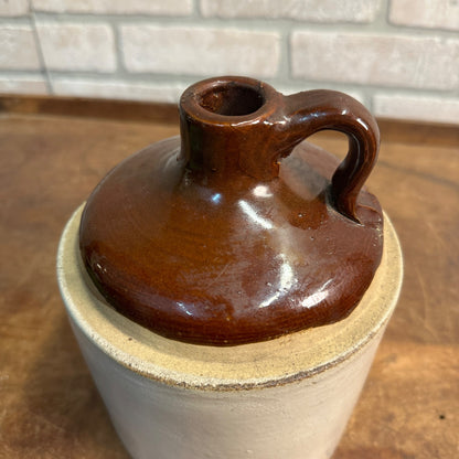 Antique 8" Brown Two-Tone Stoneware Jug Moonshine W/ Handle Unmarked Glazed