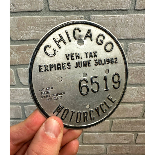 Vintage 1982 Chicago Motorcycle Vehicle Tax Tag Embossed Sign