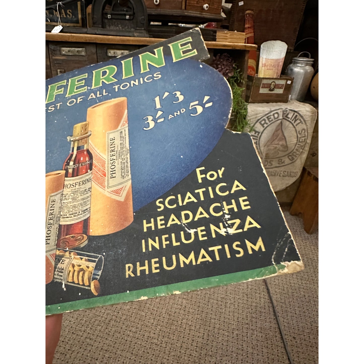 Vintage 1900s Phosferine Tonic Medicine Advertising Litho Sign Cardboard