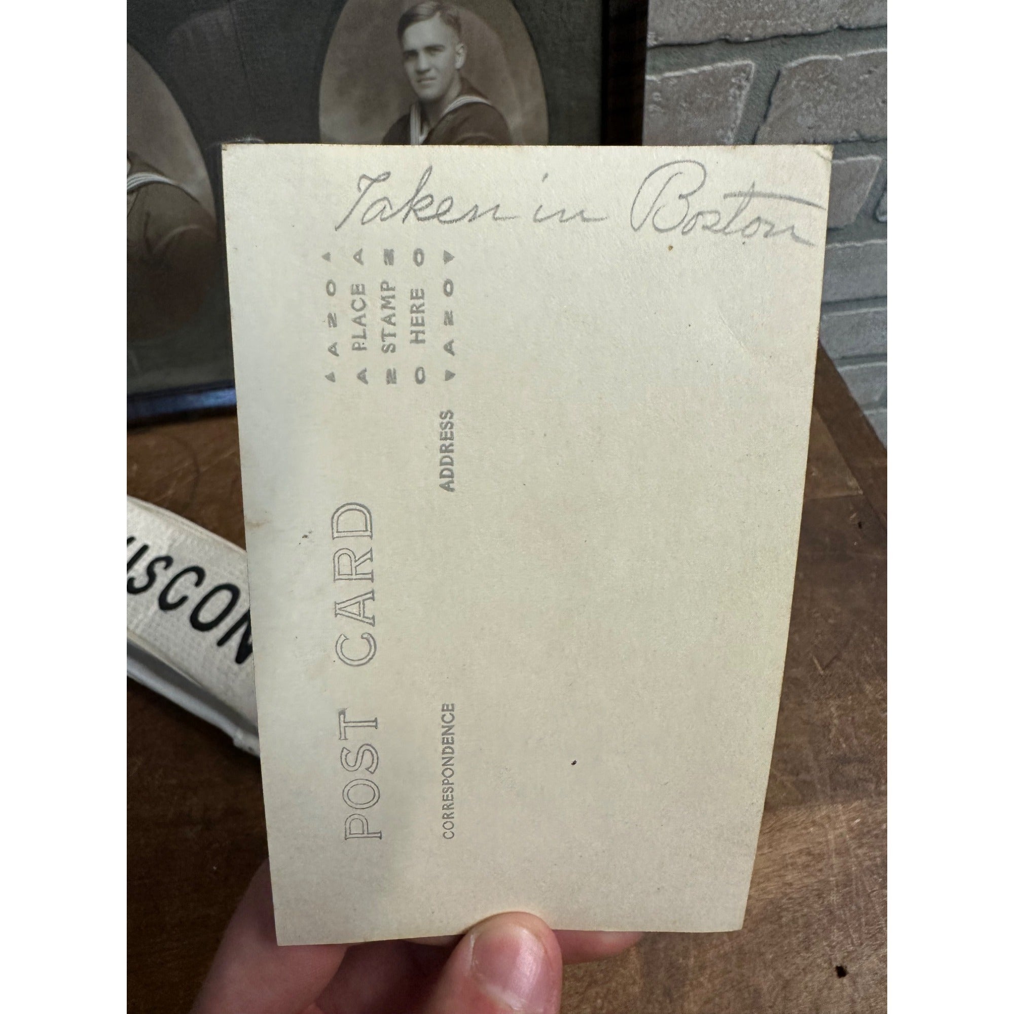 Original WWI US Navy Salior in Uniform Framed Photos, RPPC + Wisconsin Cap Hat