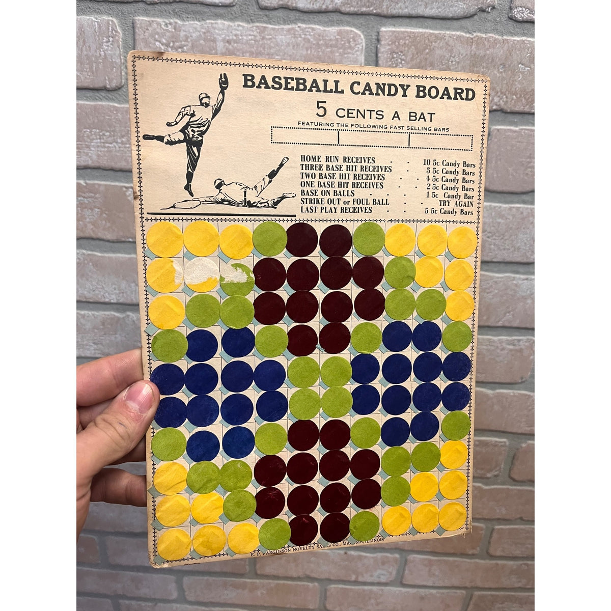 Baseball Candy Bar Game Board 5 Cents A Bat E. P. Fargusson Novelty Sales Co.