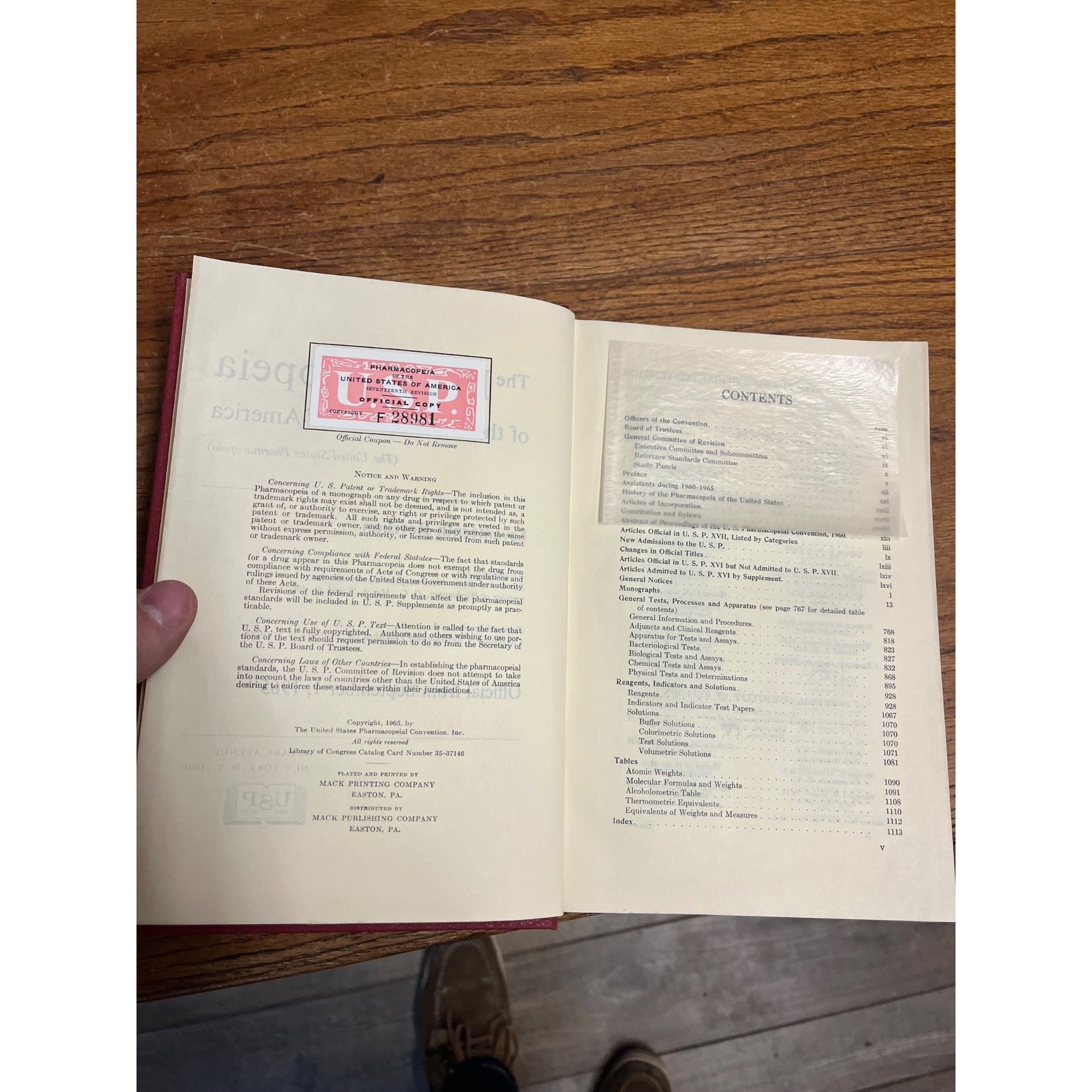 1965 Pharmacopeia of United States 17th Revision Pharmacy Hardcover
