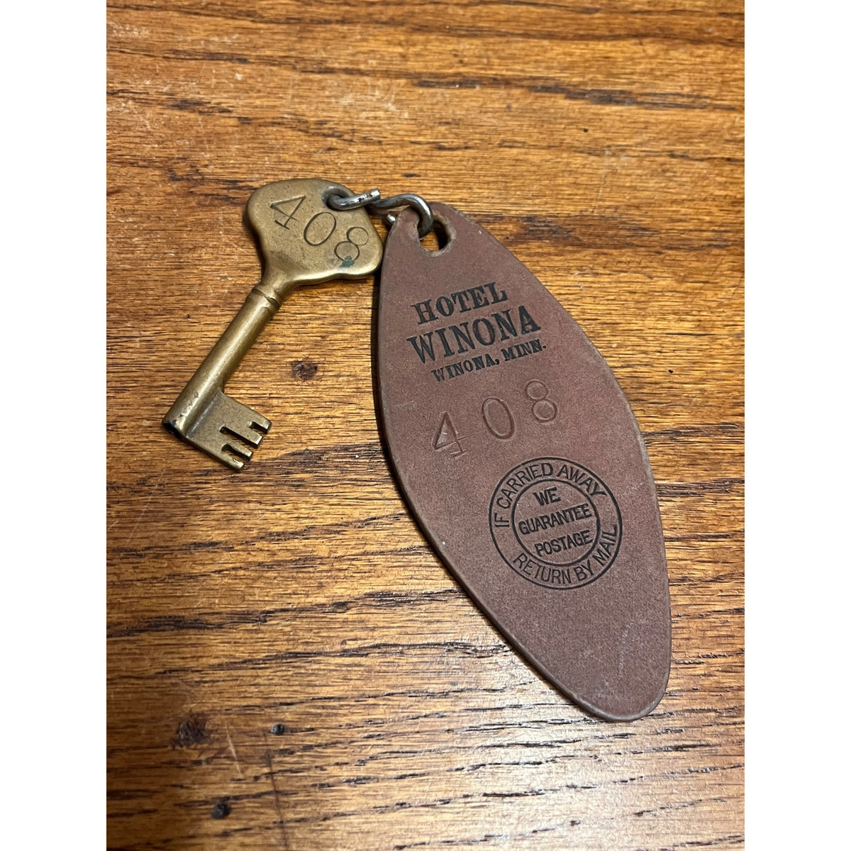 Vintage Hotel Winona Minnesota Skeleton Brass Key and Wood Fob Room 408 Rare