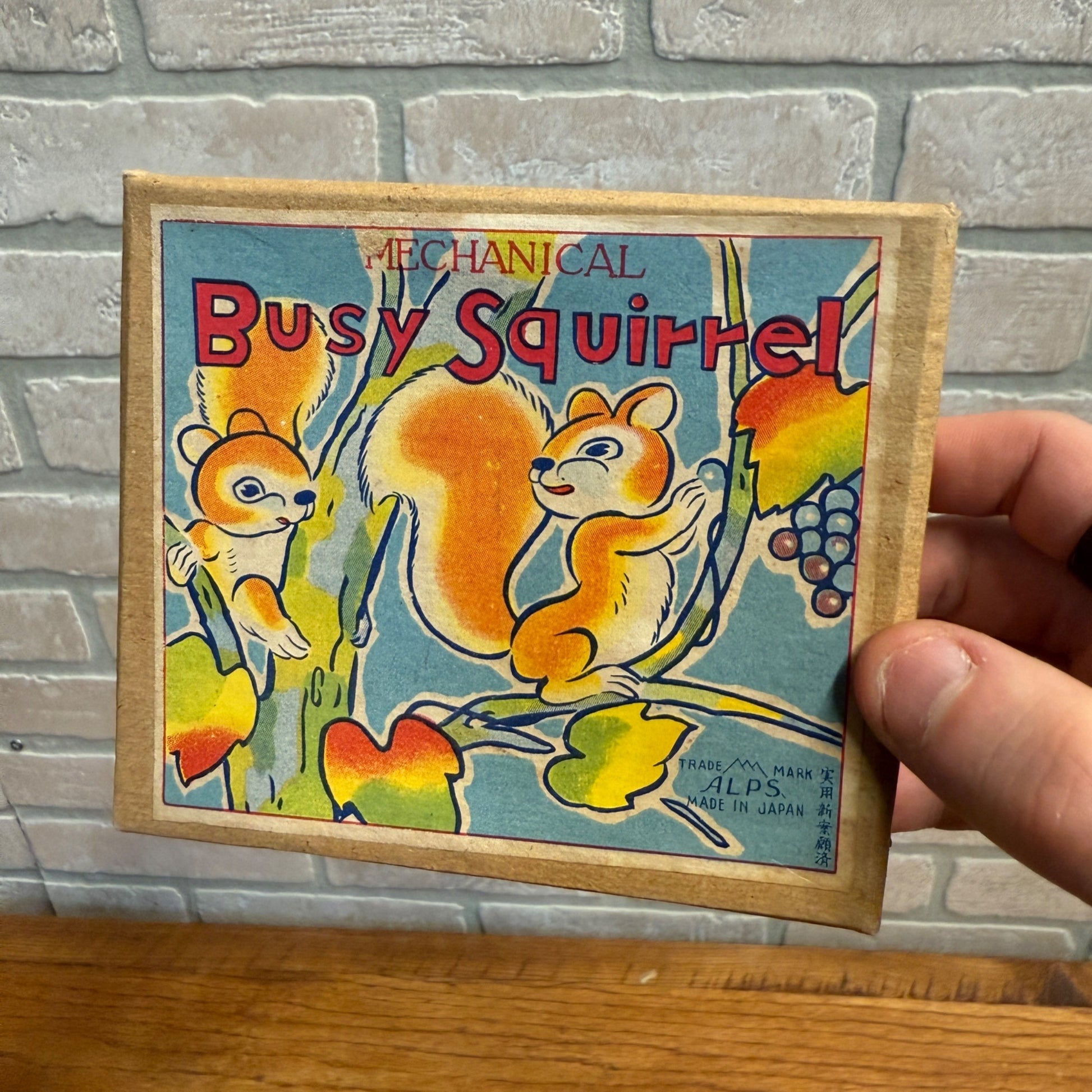 Vintage Alps Mechanical Windup Toy Busy Squirrel with Box Japan