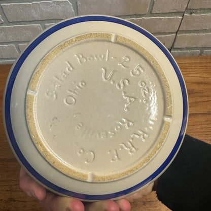 Vintage Stoneware Roseville Ohio Salad Bowl 25oz Blue Striped