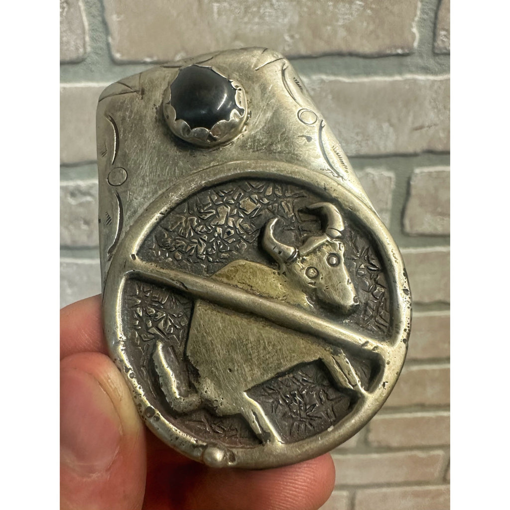 Original Superb Navajo "No Bull" Sterling Silver Bolo Tie Black Oynx Signed