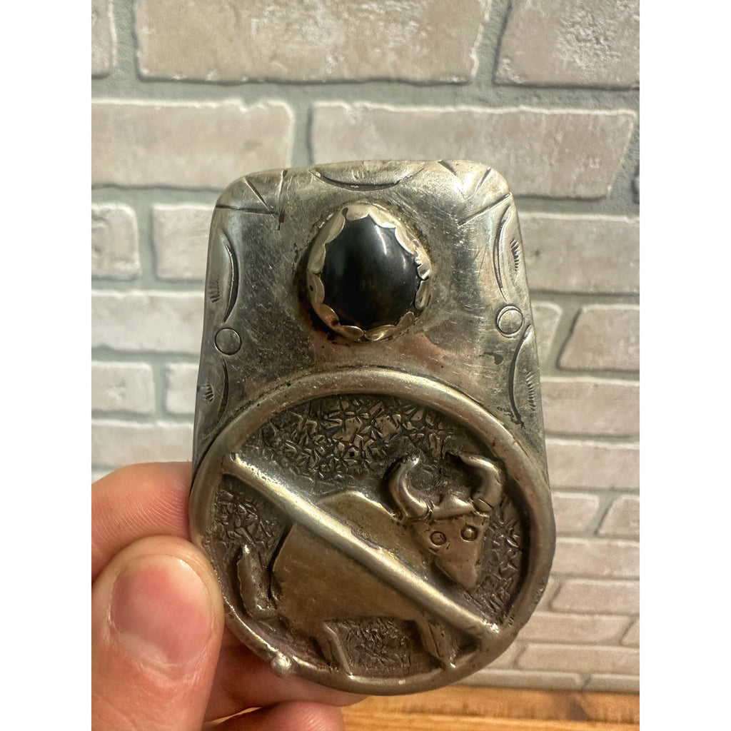 Original Superb Navajo "No Bull" Sterling Silver Bolo Tie Black Oynx Signed