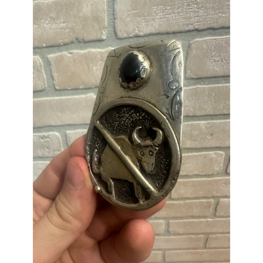 Original Superb Navajo "No Bull" Sterling Silver Bolo Tie Black Oynx Signed