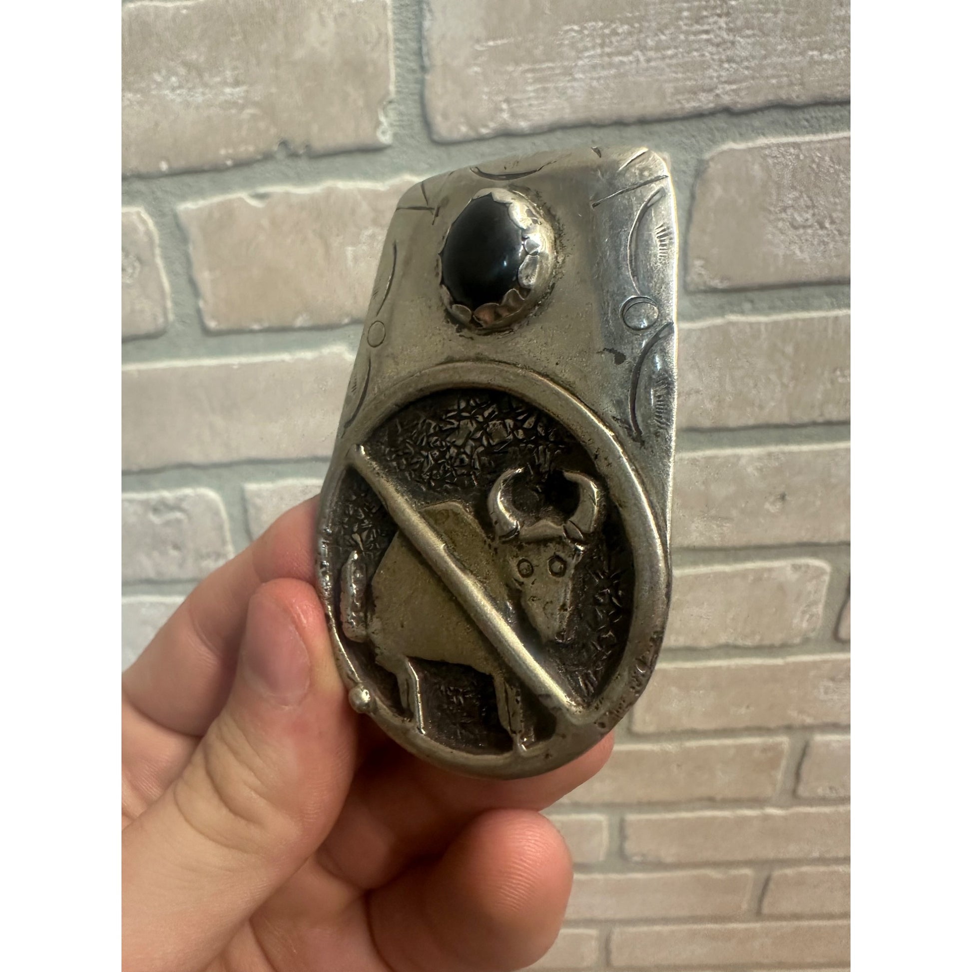 Original Superb Navajo "No Bull" Sterling Silver Bolo Tie Black Oynx Signed