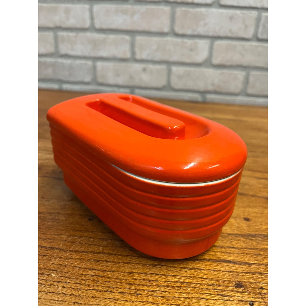 Vintage Hall China Westinghouse Refrigerator Orange Ceramic Covered Dish W/Lid