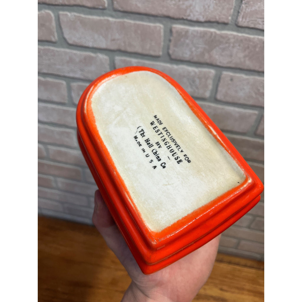 Vintage Hall China Westinghouse Refrigerator Orange Ceramic Covered Dish W/Lid